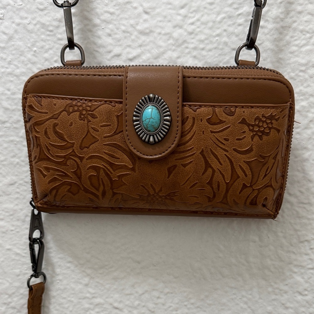 Brown Embossed Leather Crossbody wallet Bag